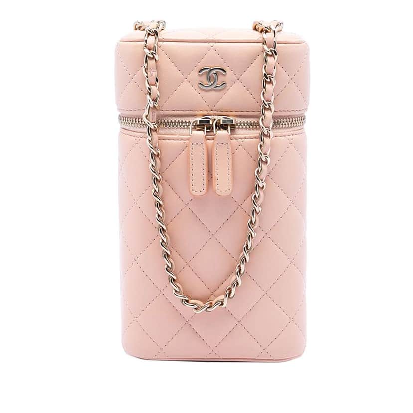 Chanel CC Quilted Lambskin Phone Holder with Chain Pink Leather Very good condition - Front View