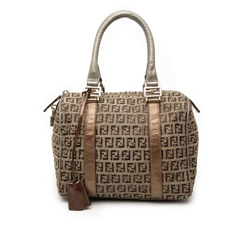 Fendi Studded Zucchino Canvas Boston Bag Brown Canvas Good condition - Front View