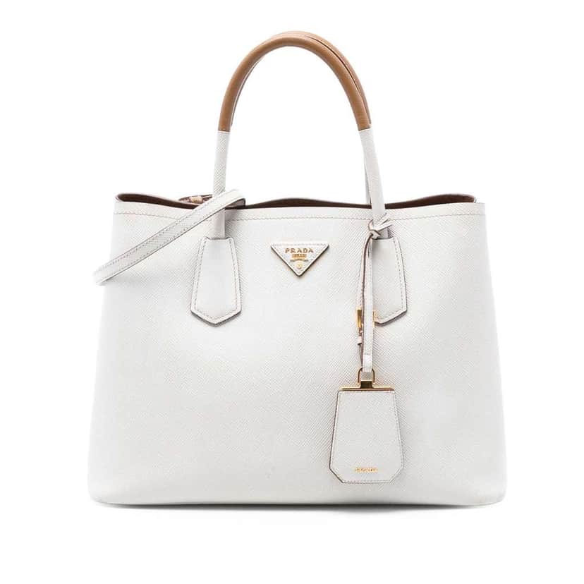Prada Medium Bicolor Saffiano Cuir Double Satchel White Leather Very good condition - Front View