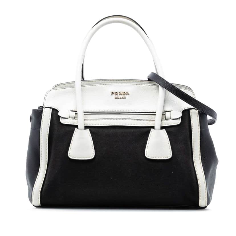 Prada Bicolor Saffiano Cuir Trimmed Canvas Satchel Black Canvas Very good condition - Front View