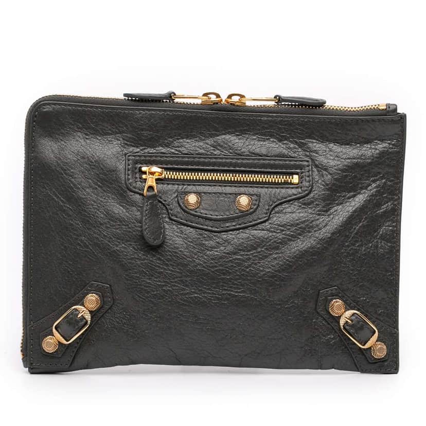 Balenciaga Lambskin Motocross Giant 12 Zip Around Flat Clutch Grey Leather Very good condition - Front View