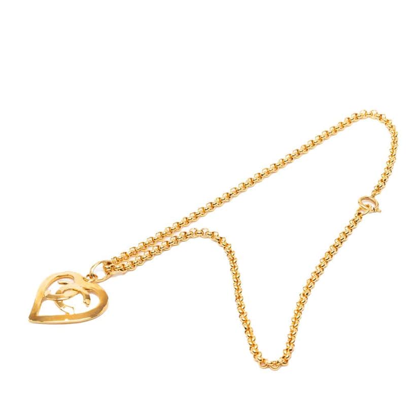 Chanel Gold Plated CC Heart Pendant Necklace Gold Metal Good condition - Front View