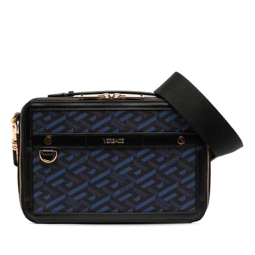 Versace Coated Canvas La Greca Zip Around Messenger Bag Black Canvas Very good condition - Front View