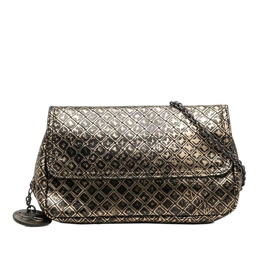 Bottega Veneta Metallic Calfskin Intrecciomirage Chain Flap Crossbody Gold Leather Very good condition - Front View
