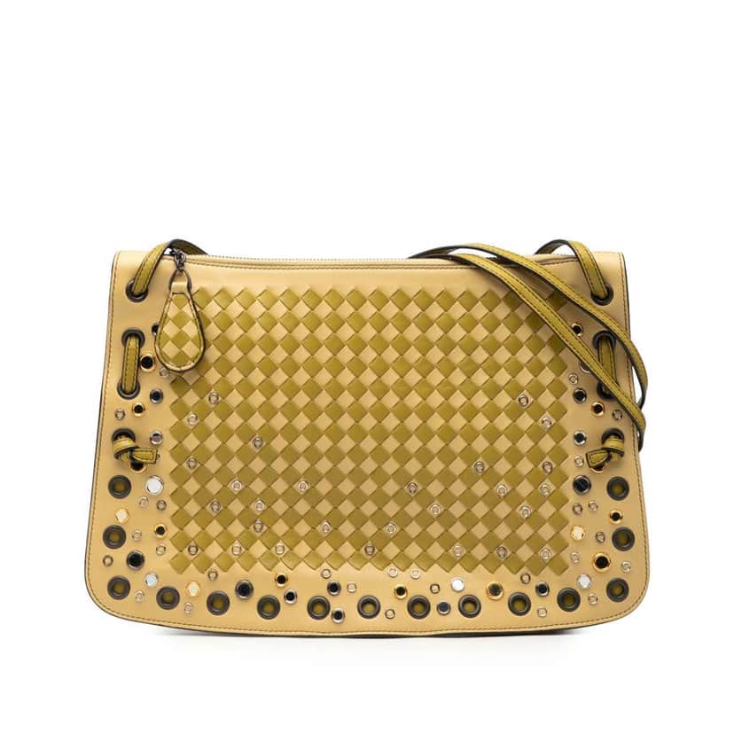 Bottega Veneta Nappa Intrecciato Check Grommet Palio Crossbody Brown Leather Very good condition - Front View