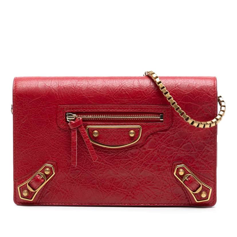 Balenciaga Lambskin Motocross Metallic Edge Wallet on Chain Red Leather Very good condition - Front View