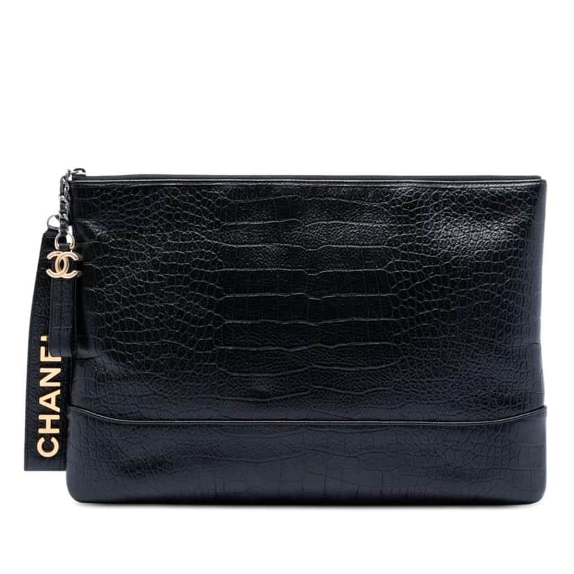 Chanel Medium Croc Embossed Calfskin Gabrielle Cosmetic Case Black Leather Very good condition - Front View