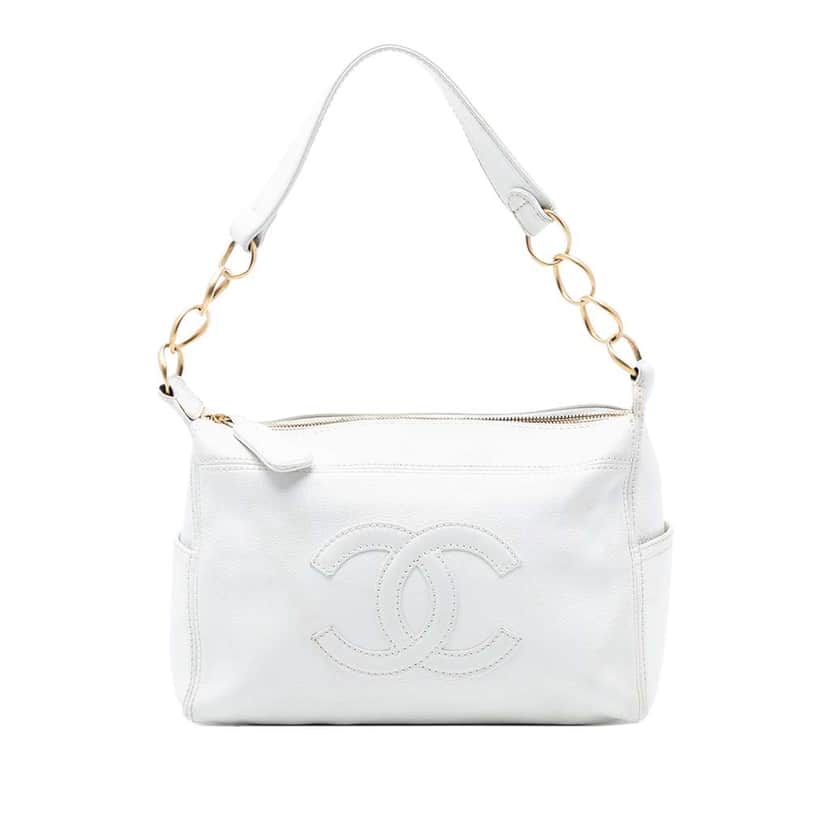 Chanel CC Caviar Chain Shoulder Bag White Leather Very good condition - Front View