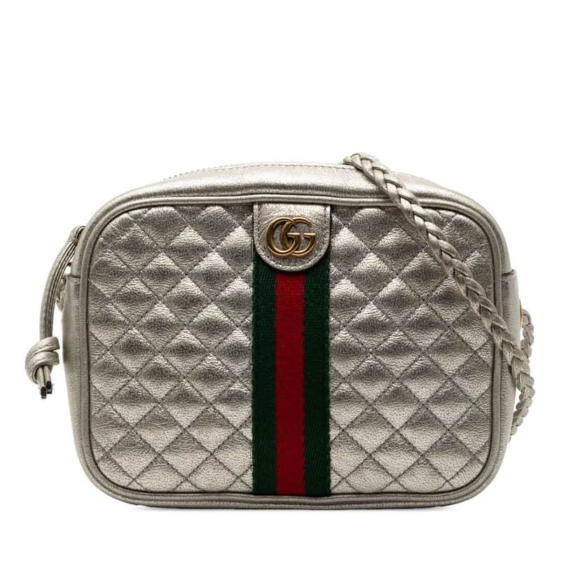 Gucci Mini Quilted Leather Web Trapuntata Crossbody Silver Leather Very good condition - Front View
