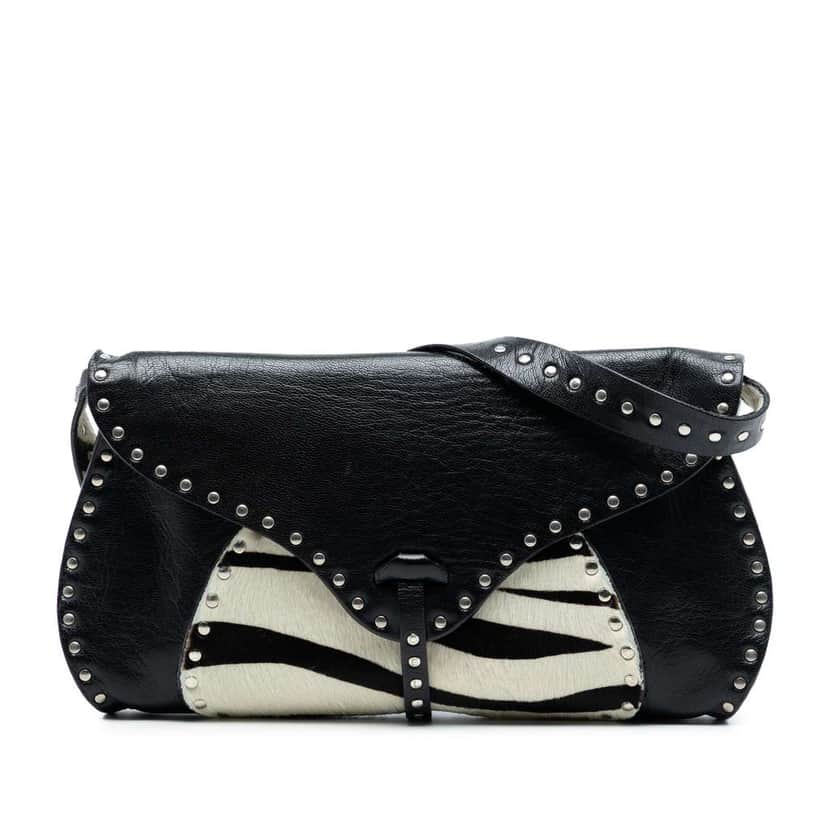 Celine Studded Leather and Pony Hair Zebra Print Poulbot Shoulder Bag Black Leather Good condition - Front View