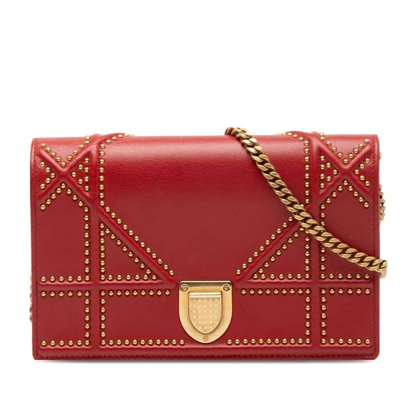 Dior Studded Lambskin Diorama Wallet on Chain Red Leather Very good condition - Front View