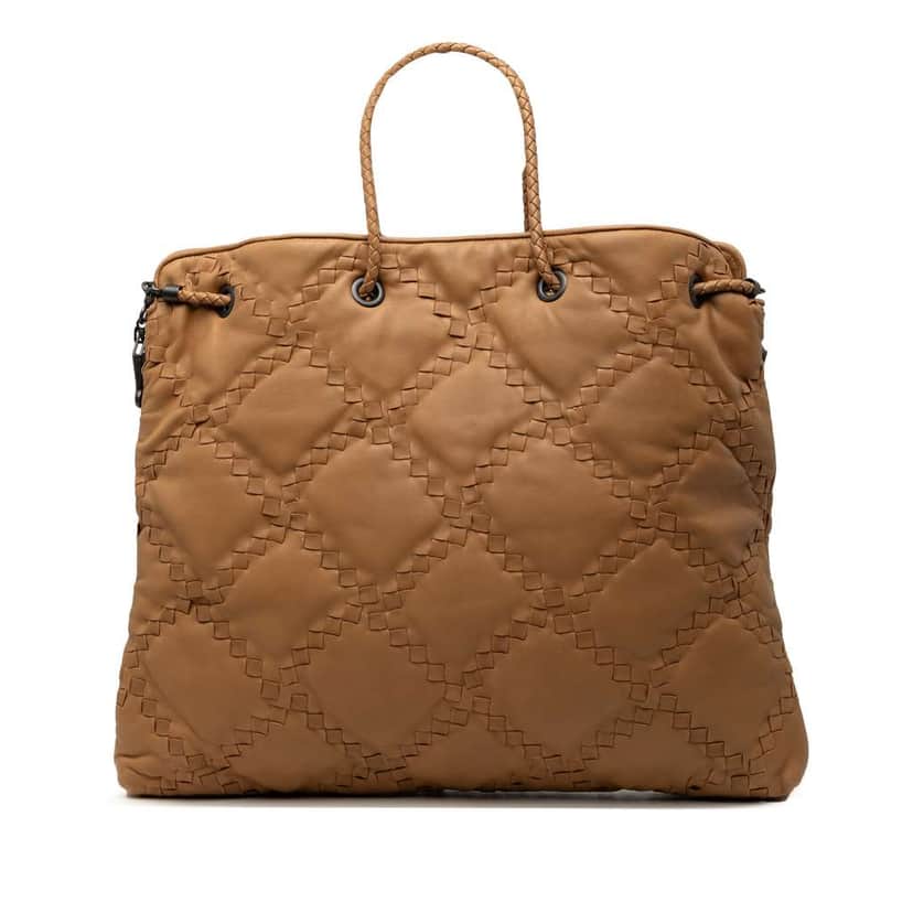 Bottega Veneta Intrecciato Trimmed Leather Croisette Drawstring Tote Brown Leather Very good condition - Front View