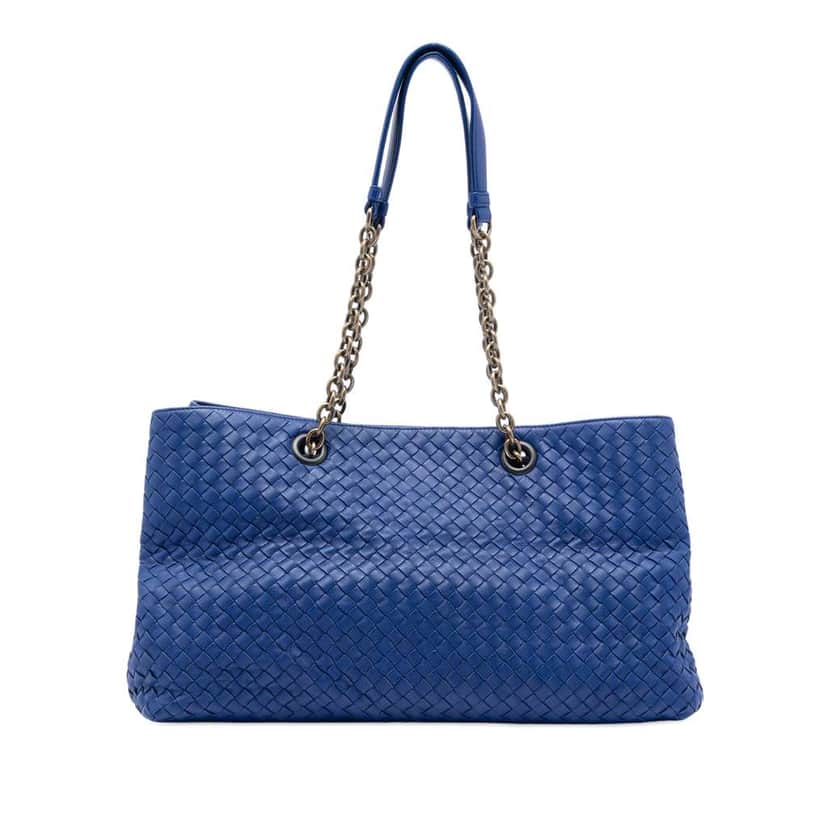 Bottega Veneta Large Nappa Intrecciato Double Chain Tote Blue Leather Good condition - Front View