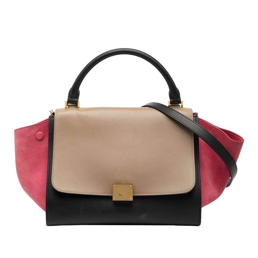 Celine Small Tricolor Calfskin and Suede Trapeze Satchel Black Leather Very good condition - Front View