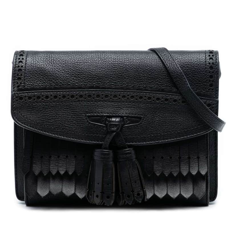Burberry Small Grainy Calfskin Broguing Tassel Macken Crossbody Black Leather Very good condition - Front View