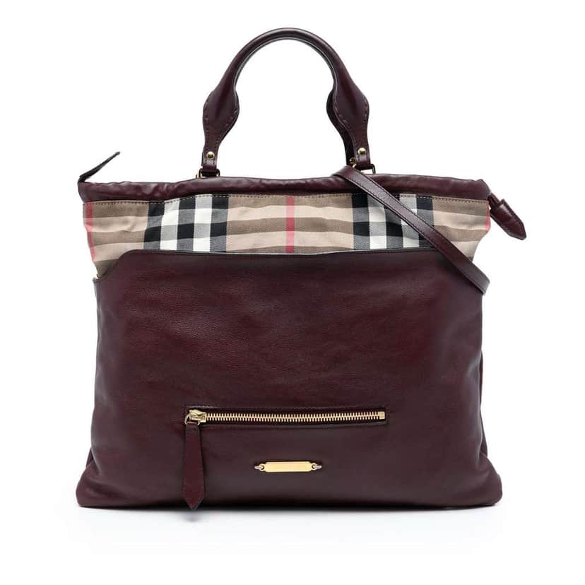 Burberry House Check Trimmed Leather Big Crush Convertible Tote Red Leather Very good condition - Front View