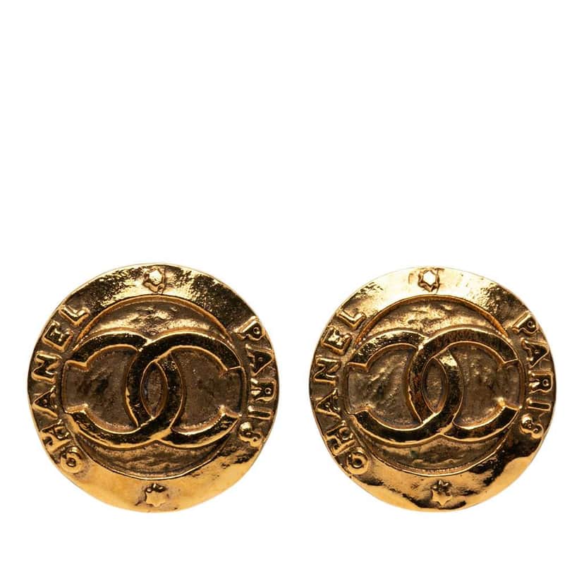 Chanel Gold Plated CC Round Clip On Earrings Gold Metal Very good condition - Front View