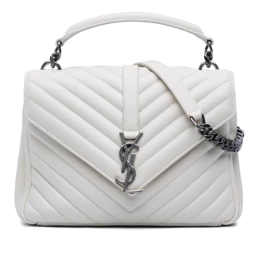Saint Laurent Medium Chevron Sheepskin Monogram College Satchel White Leather Very good condition - Front View