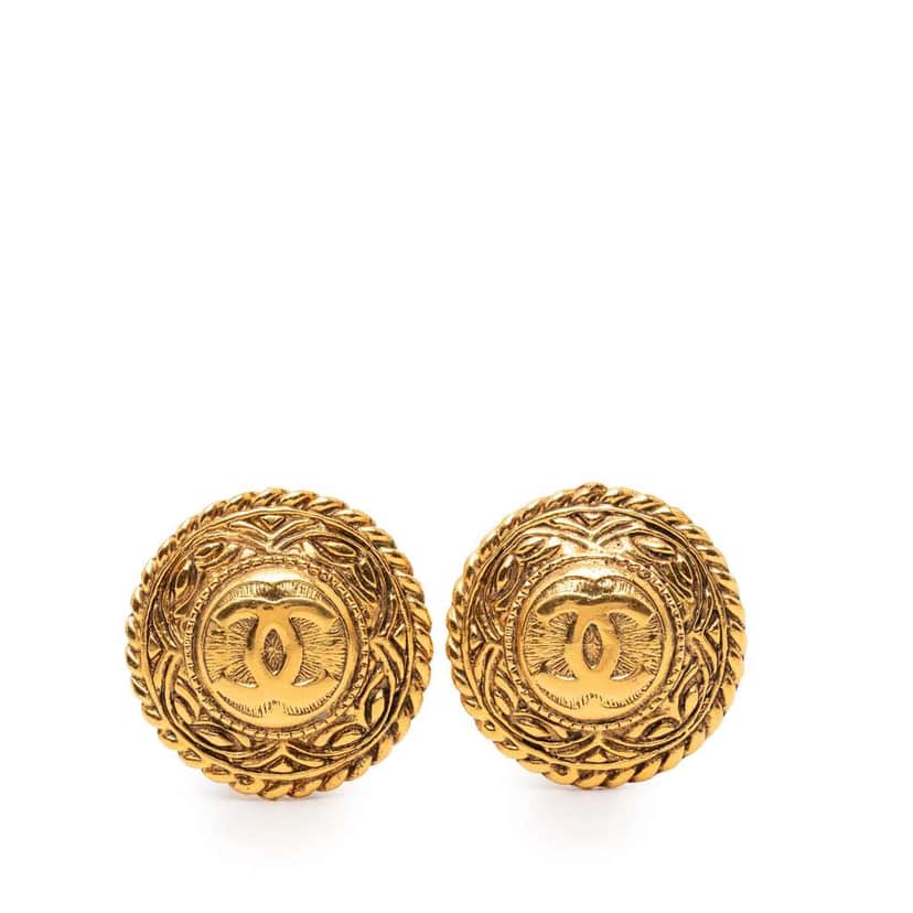 Chanel Gold Plated CC Round Clip on Earrings Gold Metal Very good condition - Front View