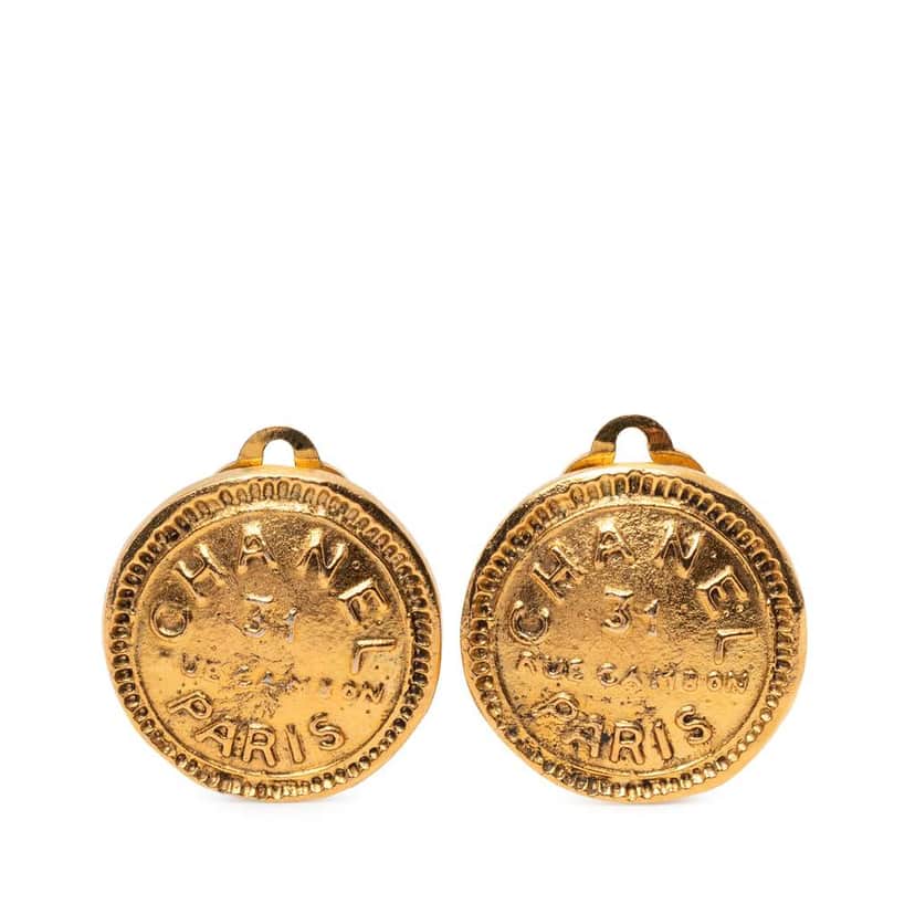 Chanel Gold Plated 31 Rue Cambon Round Clip On Earrings Gold Metal Very good condition - Front View