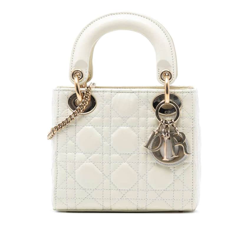Dior Mini Crinkled Calfskin Cannage Lady Dior White Leather Good condition - Front View