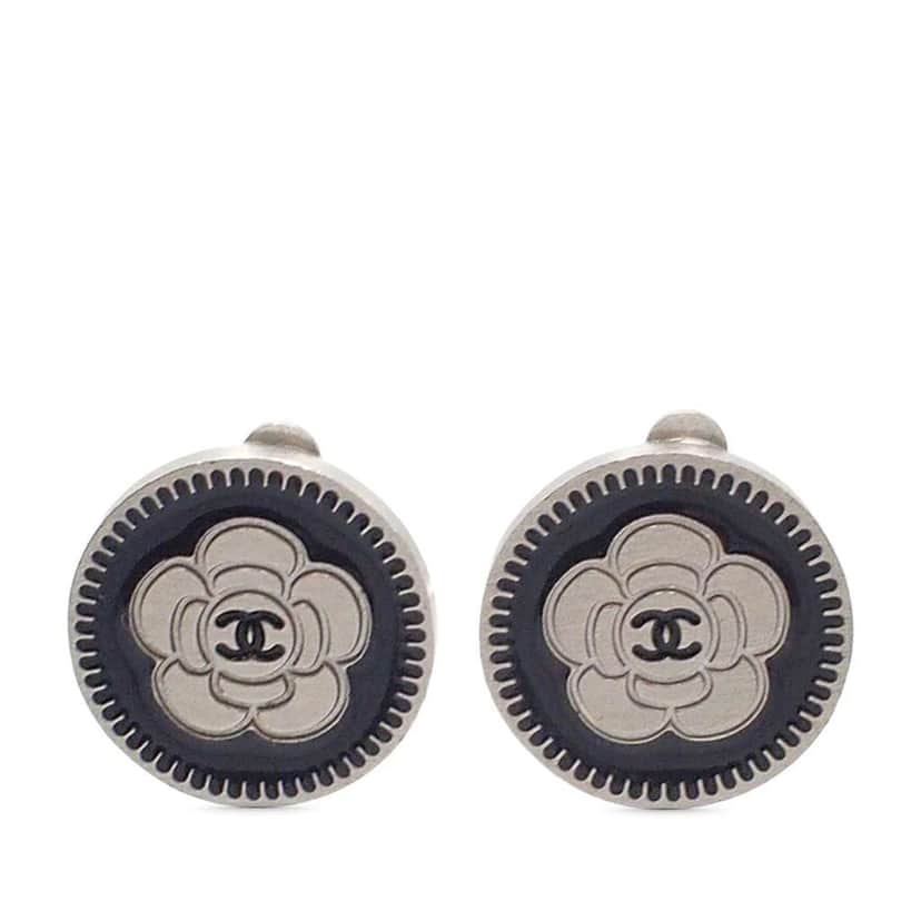 Chanel CC Silver Plated Enamel Camellia Clip On Earrings Silver Metal Very good condition - Front View