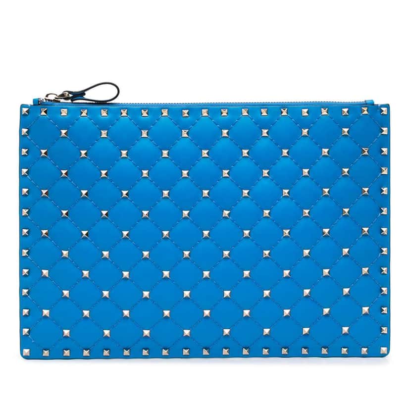 Valentino Large Nappa Rockstud Spike Flat Pouch Blue Leather Good condition - Front View