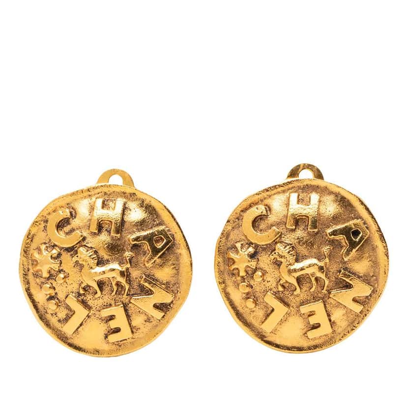 Chanel Gold Plated Logo and Lion Clip On Earrings Gold Metal Very good condition - Front View