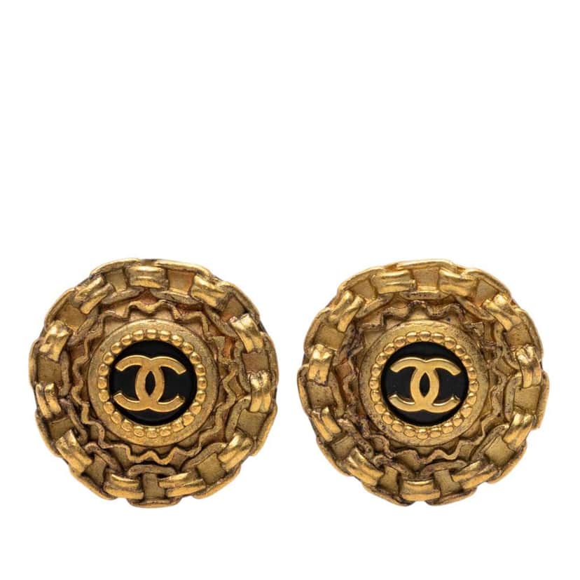 Chanel Gold Plated Resin CC Chain Round Clip On Earrings Gold Metal Very good condition - Front View