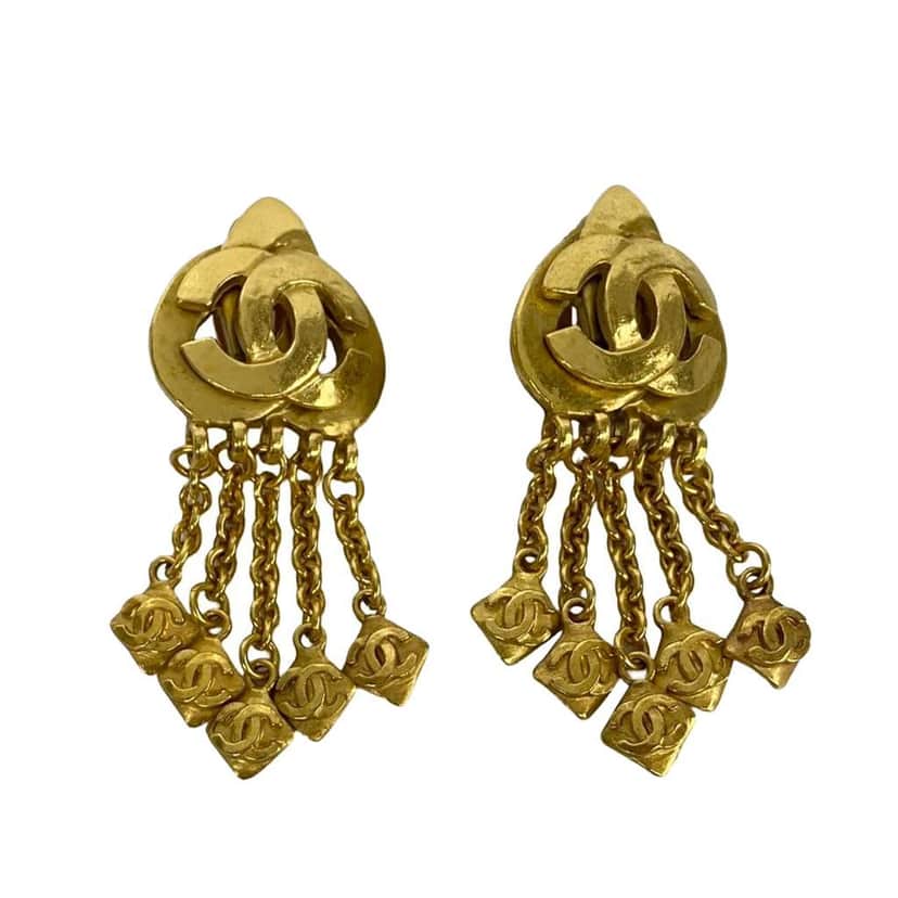 Chanel CC Gold Plated Dangle Clip On Earrings Gold Metal Very good condition - Front View