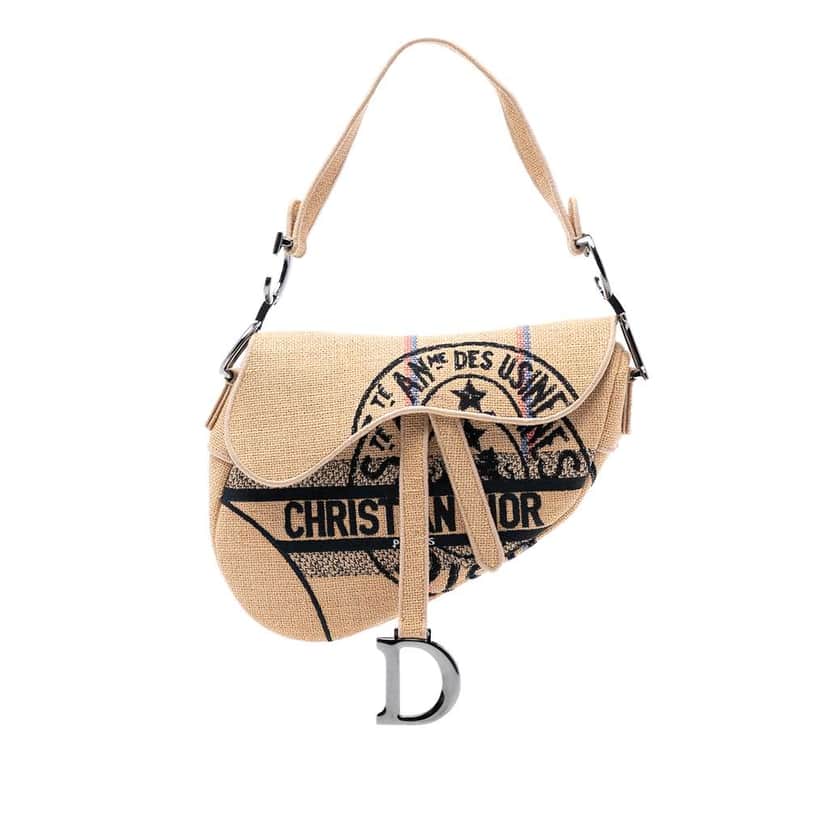 Dior Mini Embroidered Jute Canvas Union Saddle Bag Brown Polyester Very good condition - Front View
