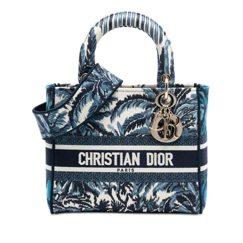 Dior Medium Embroidered Canvas Palm Tree Toile De Jouy Lady D Lite Blue Canvas Very good condition - Front View
