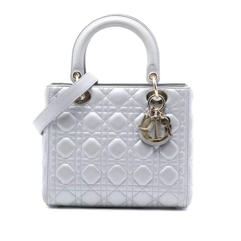 Dior Medium Pearlescent Lambskin Cannage Lady Dior Grey Leather Very good condition - Front View