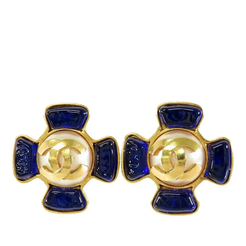 Chanel CC Gold Plated Gripoix Faux Pearl Clip On Earrings Gold Metal Very good condition - Front View