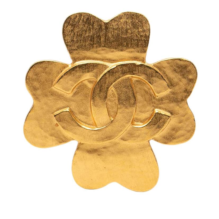 Chanel CC Gold Plated Clover Brooch Gold Metal Good condition - Front View