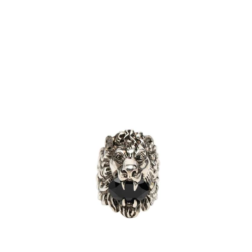 Gucci Silver Plated Crystal Lion Head Ring Silver Metal Good condition - Front View