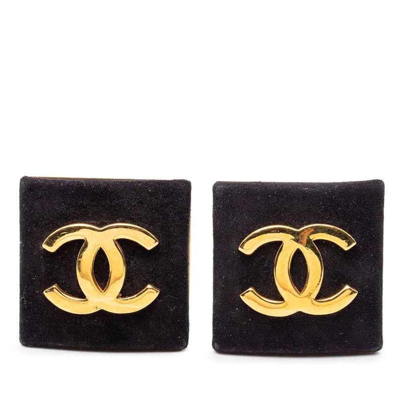 Chanel CC Gold Plated Suede Square Clip On Earrings Black Leather Good condition - Front View