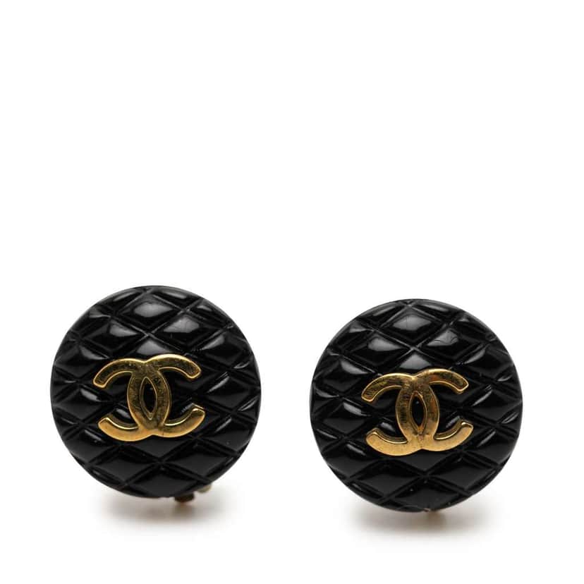 Chanel CC Resin and Gold Plated Quilted Button Clip On Earrings Black Very good condition - Front View