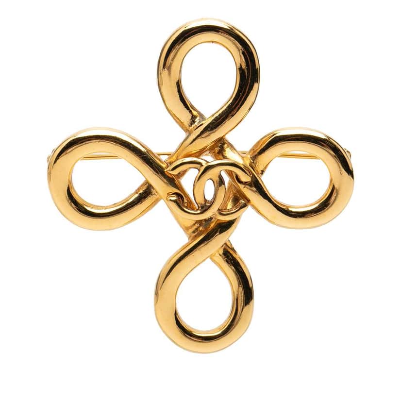 Chanel CC Gold Plated Clover Knot Brooch Gold Metal Good condition - Front View
