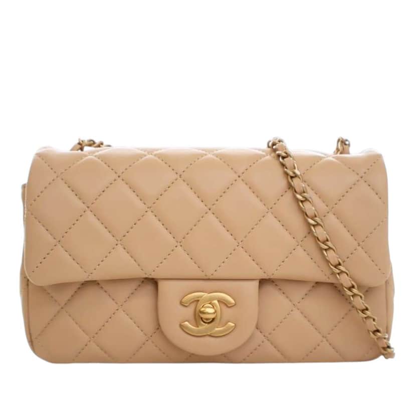 Chanel Mini Rectangular Classic Lambskin Pearl Crush Single Flap Brown Leather Very good condition - Front View