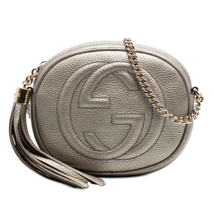 Gucci Mini Metallic Pebbled Calfskin Soho Chain Crossbody Silver Leather Very good condition - Front View