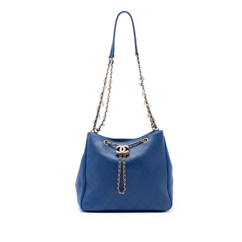 Chanel Medium Stitched Calfskin Egyptian Amulet Drawstring Bucket Bag Blue Leather Good condition - Front View