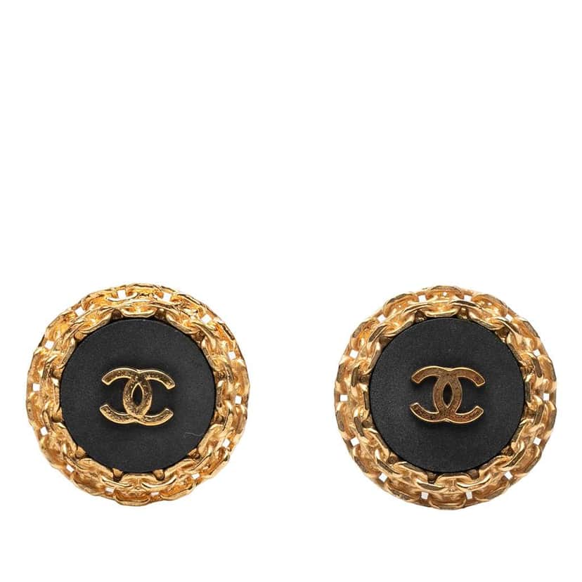 Chanel CC Gold Plated and Acrylic Round Clip On Earrings Gold Metal Good condition - Front View