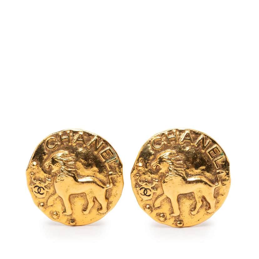 Chanel Gold Plated Lion Round Clip On Earrings Gold Metal Very good condition - Front View