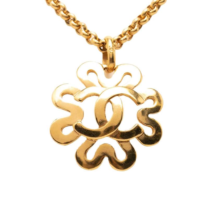Chanel Gold Plated CC Flower Pendant Necklace Gold Metal Good condition - Front View