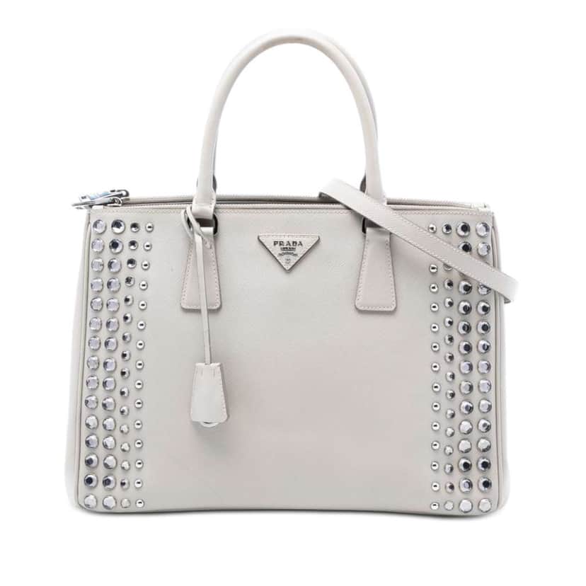 Prada Medium Saffiano Lux Studded Crystal Galleria Double Zip Satchel Grey Leather Very good condition - Front View