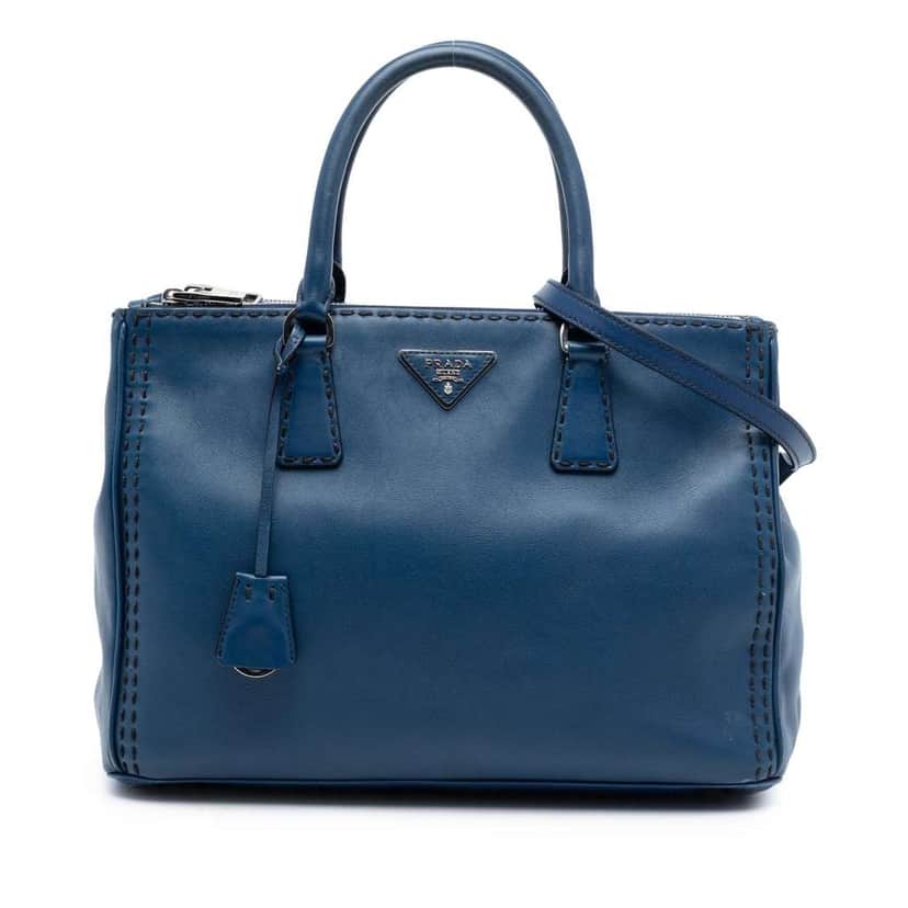 Prada Medium City Calf Hand Stitched Galleria Double Zip Satchel Blue Leather Good condition - Front View