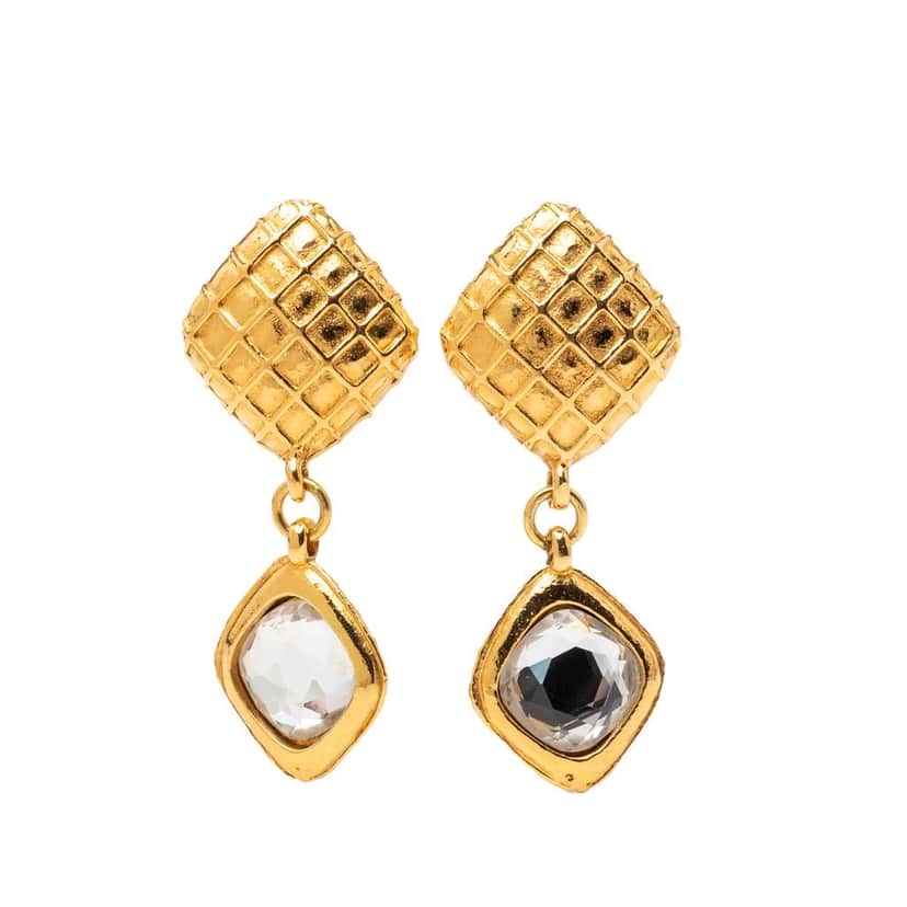 Chanel Quilted Gold Plated Rhinestone Diamond Shape Drop Clip On Earrings Gold Metal Good condition - Front View