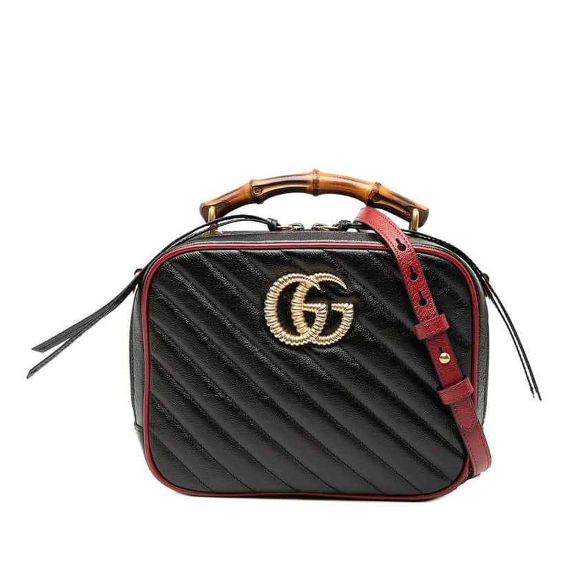 Gucci Small GG Marmont Matelasse Diagonal Leather Torchon Bamboo Satchel Black Leather Very good condition - Front View