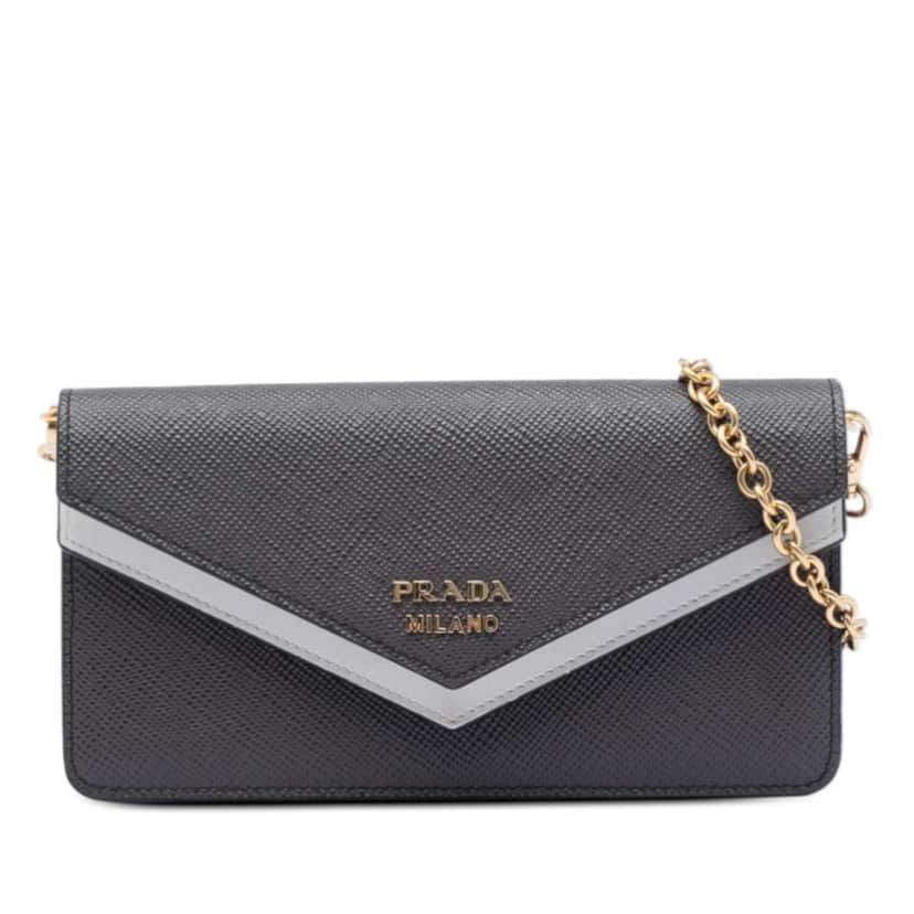 Prada Bicolor Saffiano Lux Envelope Double Flap Wallet on Chain Black Leather Very good condition - Front View